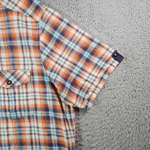 Johnston & Murphy Shirt Men Large Short Sleeve‎ Orange Green Blue Plaid - Picture 3 of 11
